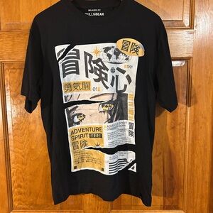 Pull & Bear Men’s Black Tokyo Graphic Tee Sz Med-EUC